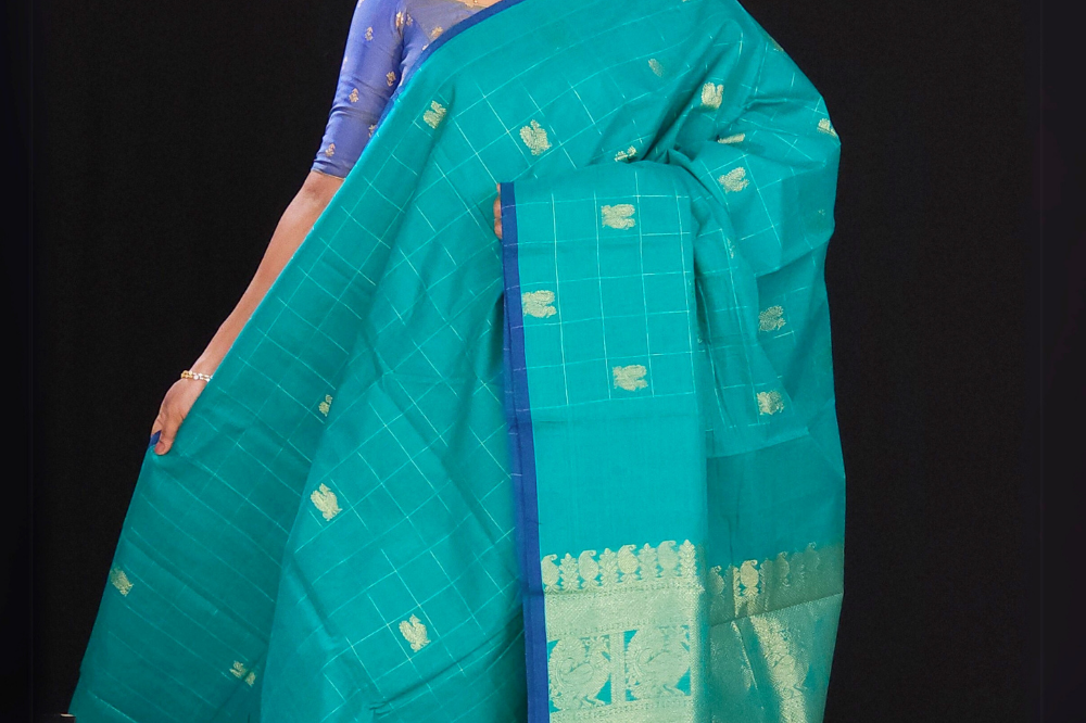  Rama Green  Kanjeevaram cotton saree with zari woven pallu and blouse
