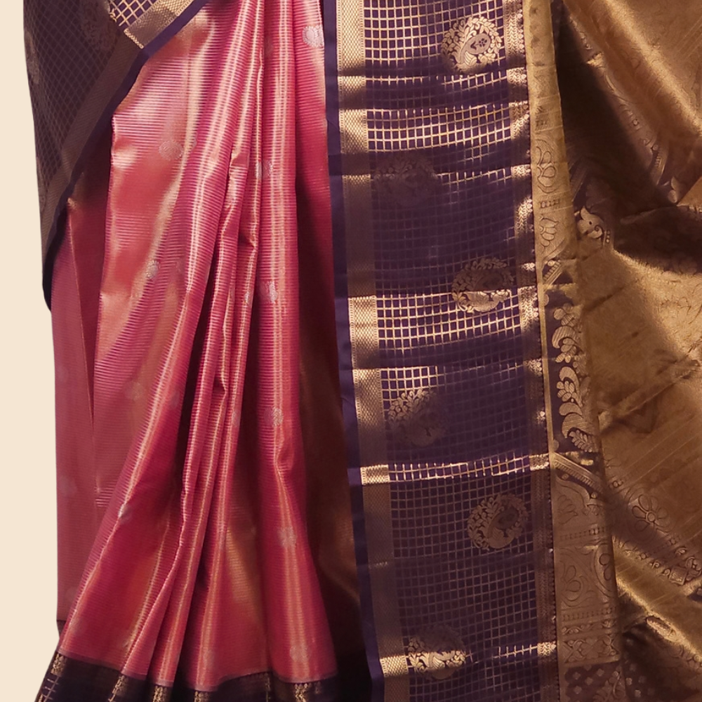 Festive semi Kanjeevaram silk saree with small zari check detailing and woven border finish