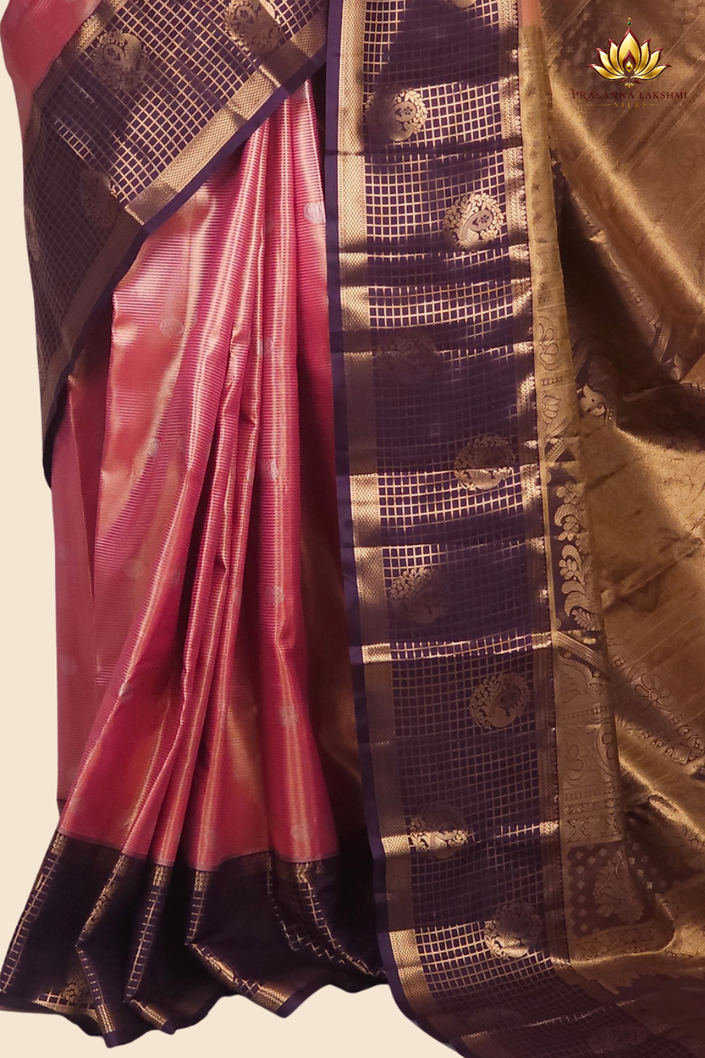 Festive semi Kanjeevaram silk saree with small zari check detailing and woven border finish