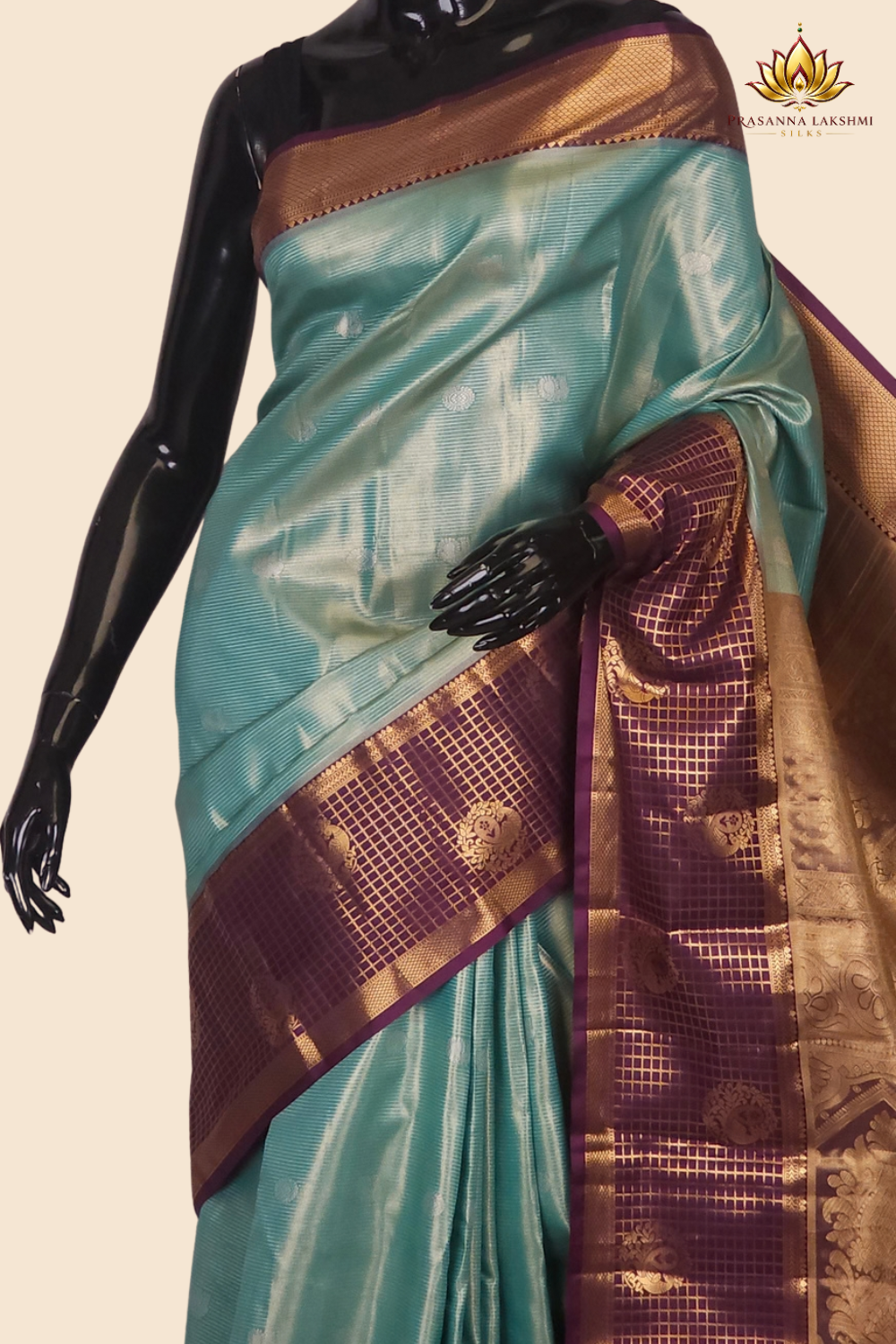 Traditional semi Kanjeevaram saree featuring rich brocade pallu and contrast blouse
