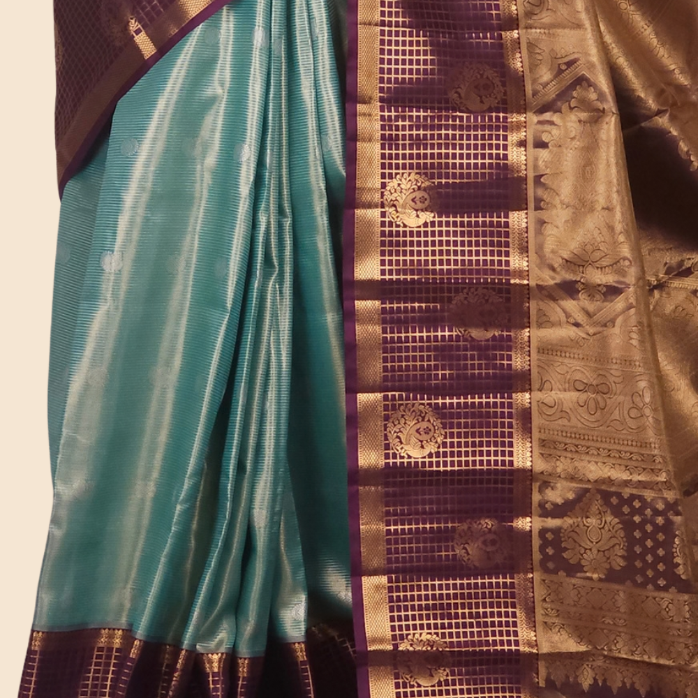Festive semi Kanjeevaram silk saree with small zari check detailing and woven border finish