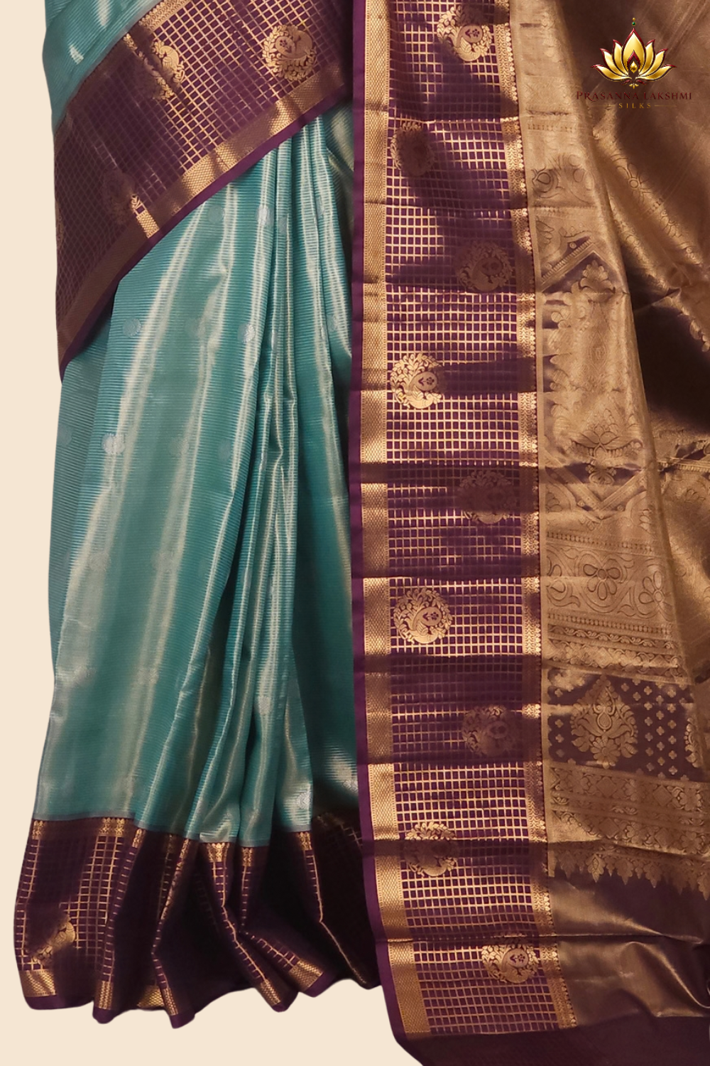 Festive semi Kanjeevaram silk saree with small zari check detailing and woven border finish