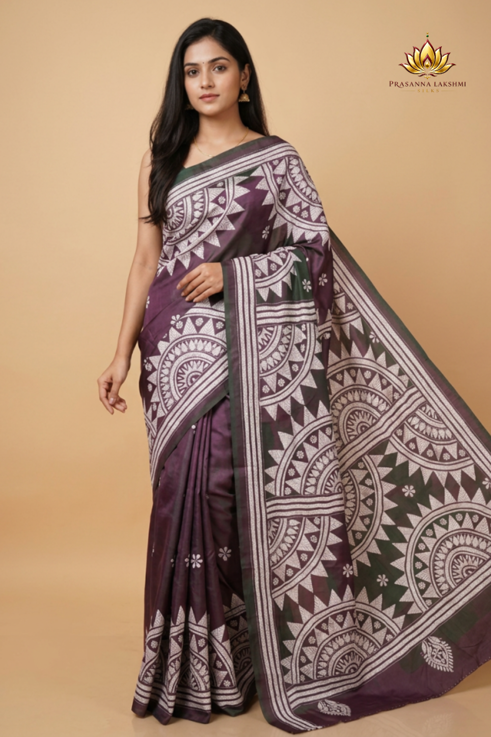 Semi Bangalore silk saree with all-over hand Kantha work and rich embroidered pallu.