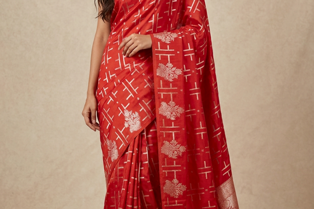 Banarasi Munga Saree with all-over unique zari motifs, zari woven floral bunch borders, rich brocade pallu, and matching running blouse.
