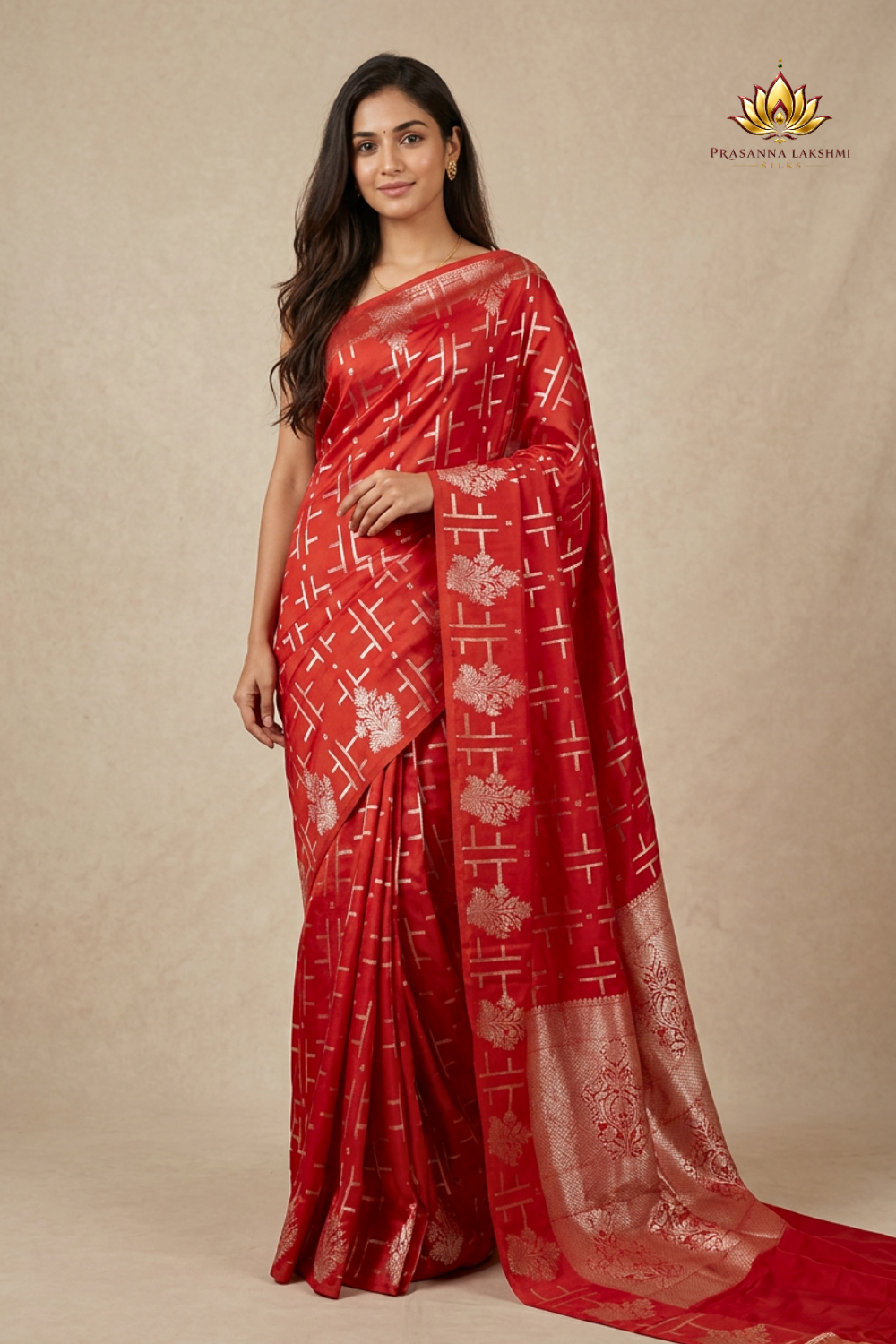 Banarasi Munga Saree with all-over unique zari motifs, zari woven floral bunch borders, rich brocade pallu, and matching running blouse.
