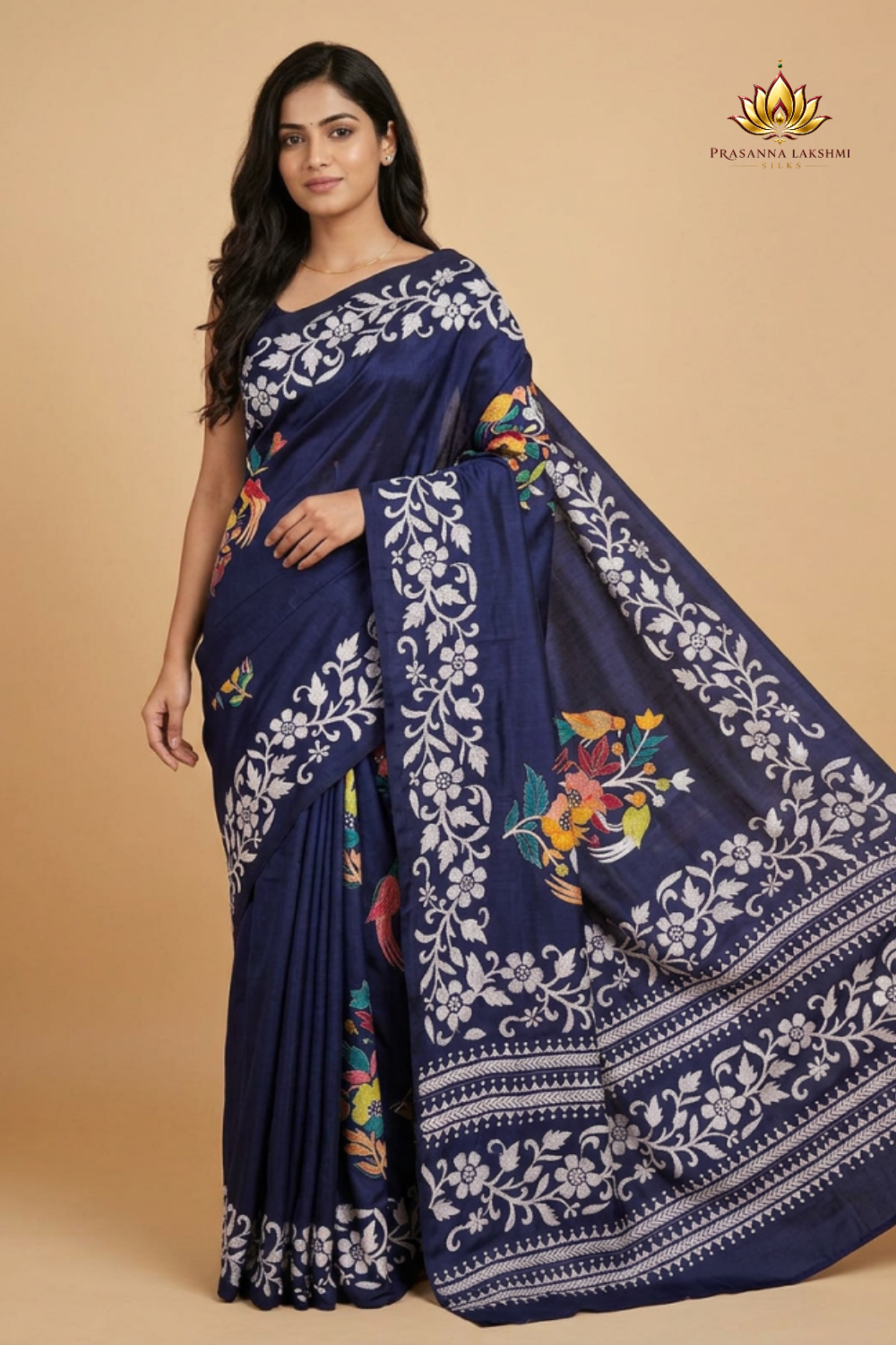 Semi Bangalore silk saree with all-over hand Kantha work and rich embroidered pallu.
