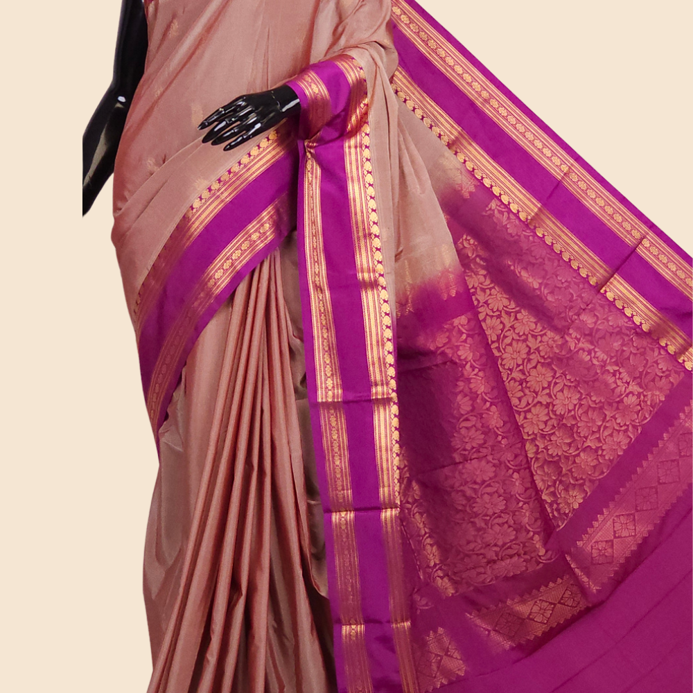 Semi Gadwal saree with horizontal zari motif stripes and zari woven gap borders
