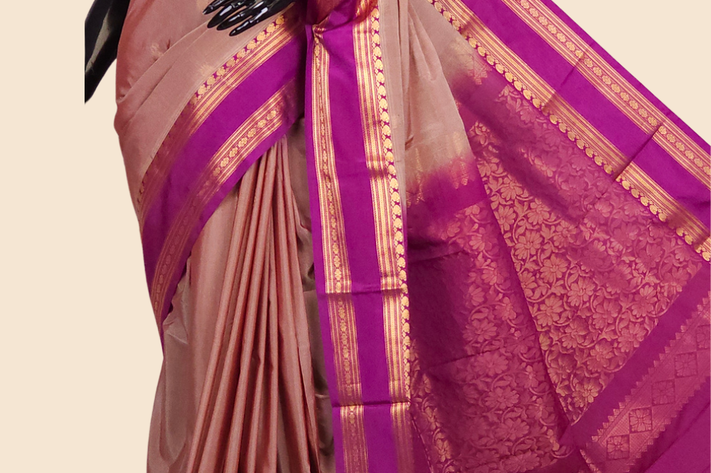 Semi Gadwal saree with horizontal zari motif stripes and zari woven gap borders
