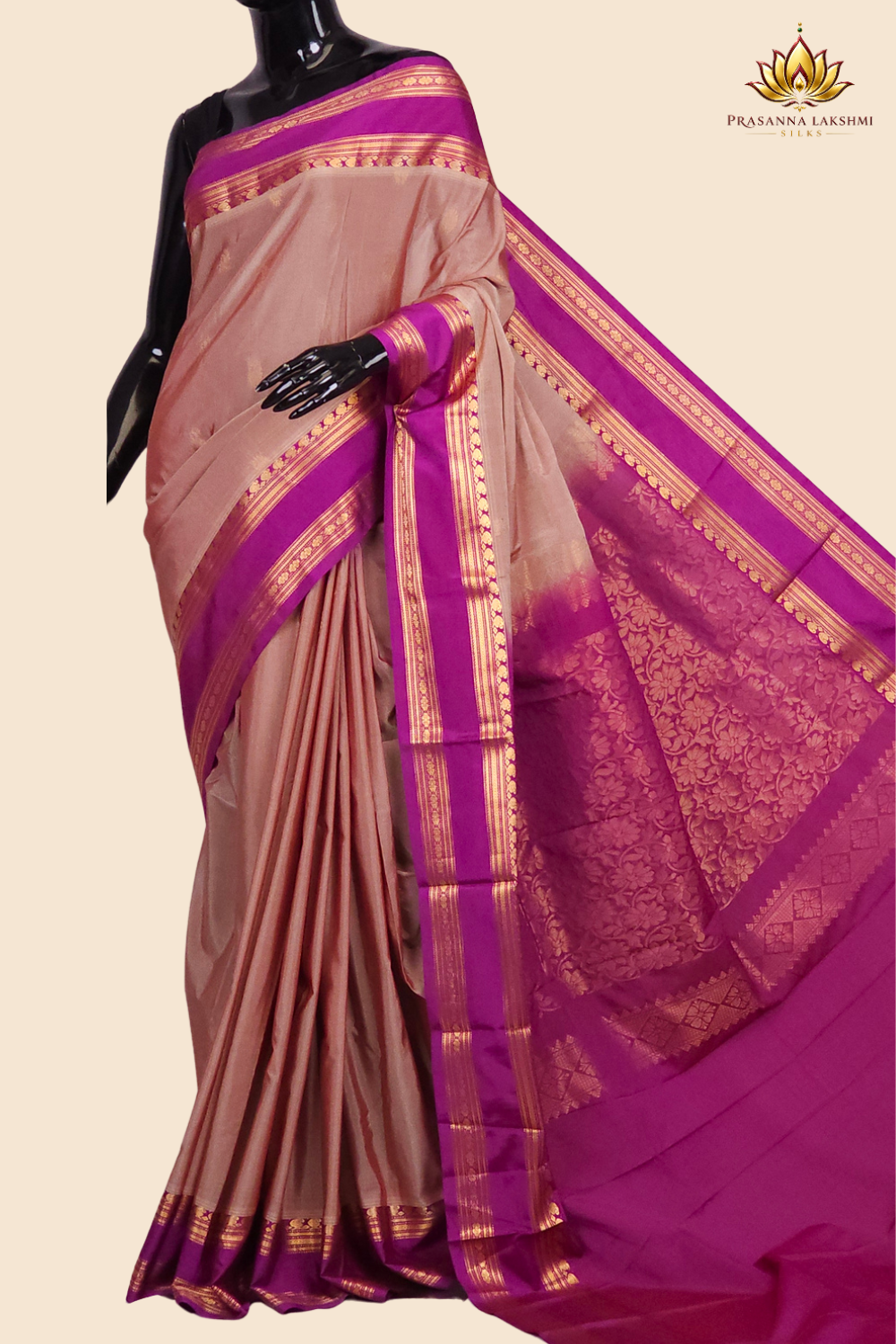 Semi Gadwal saree with horizontal zari motif stripes and zari woven gap borders
