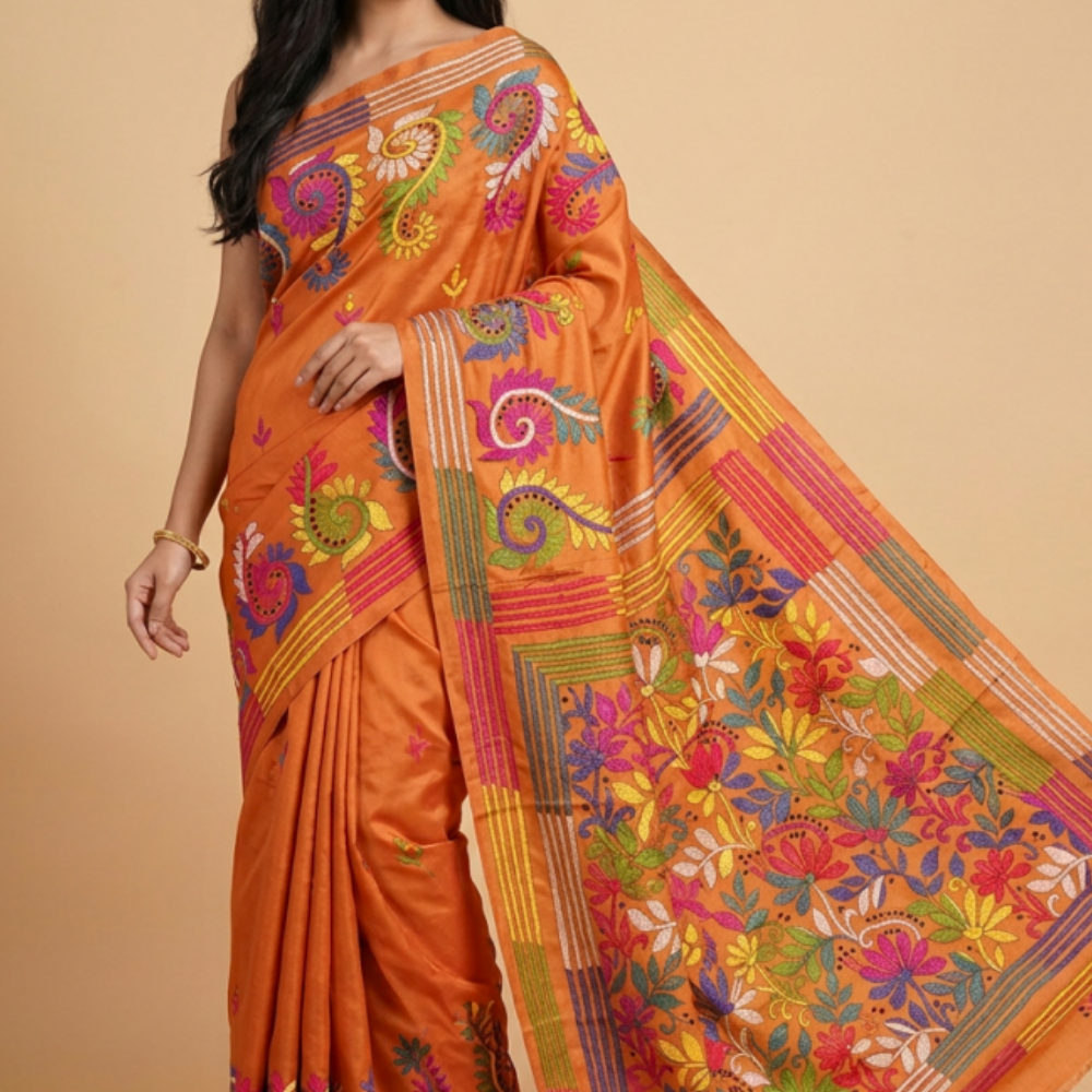 Semi Bangalore silk saree with all-over hand Kantha work and rich embroidered pallu.