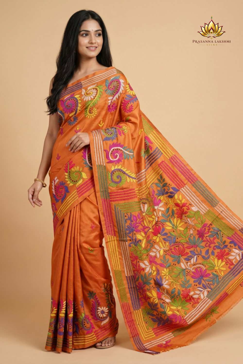 Semi Bangalore silk saree with all-over hand Kantha work and rich embroidered pallu.