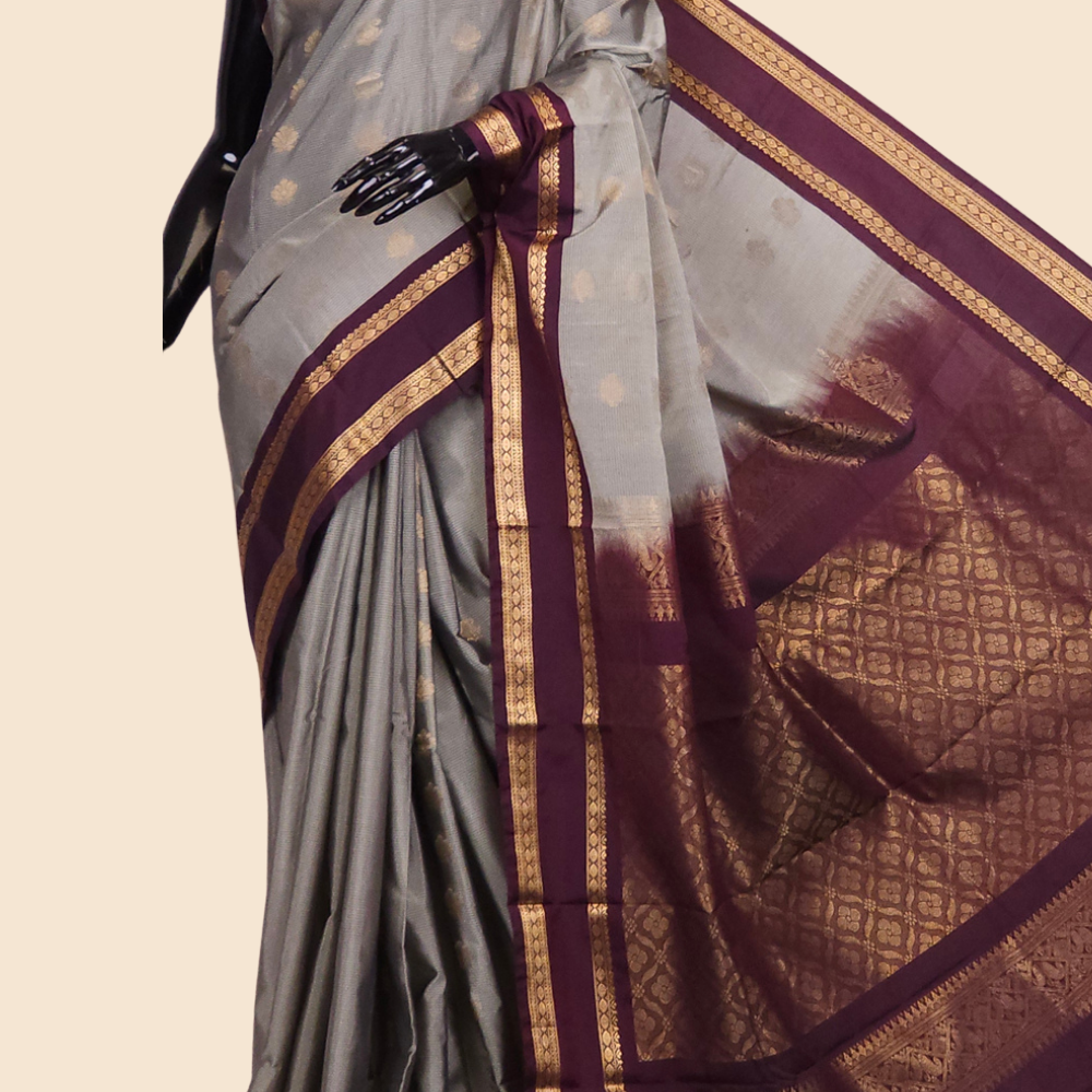 Semi Gadwal saree with horizontal zari motif stripes and zari woven gap borders
