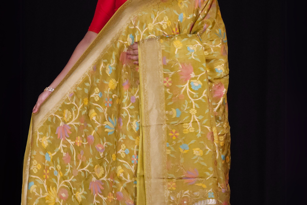 “Elegant floral organza saree with zari border”