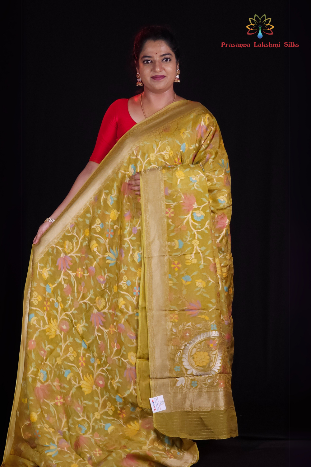 “Elegant floral organza saree with zari border”