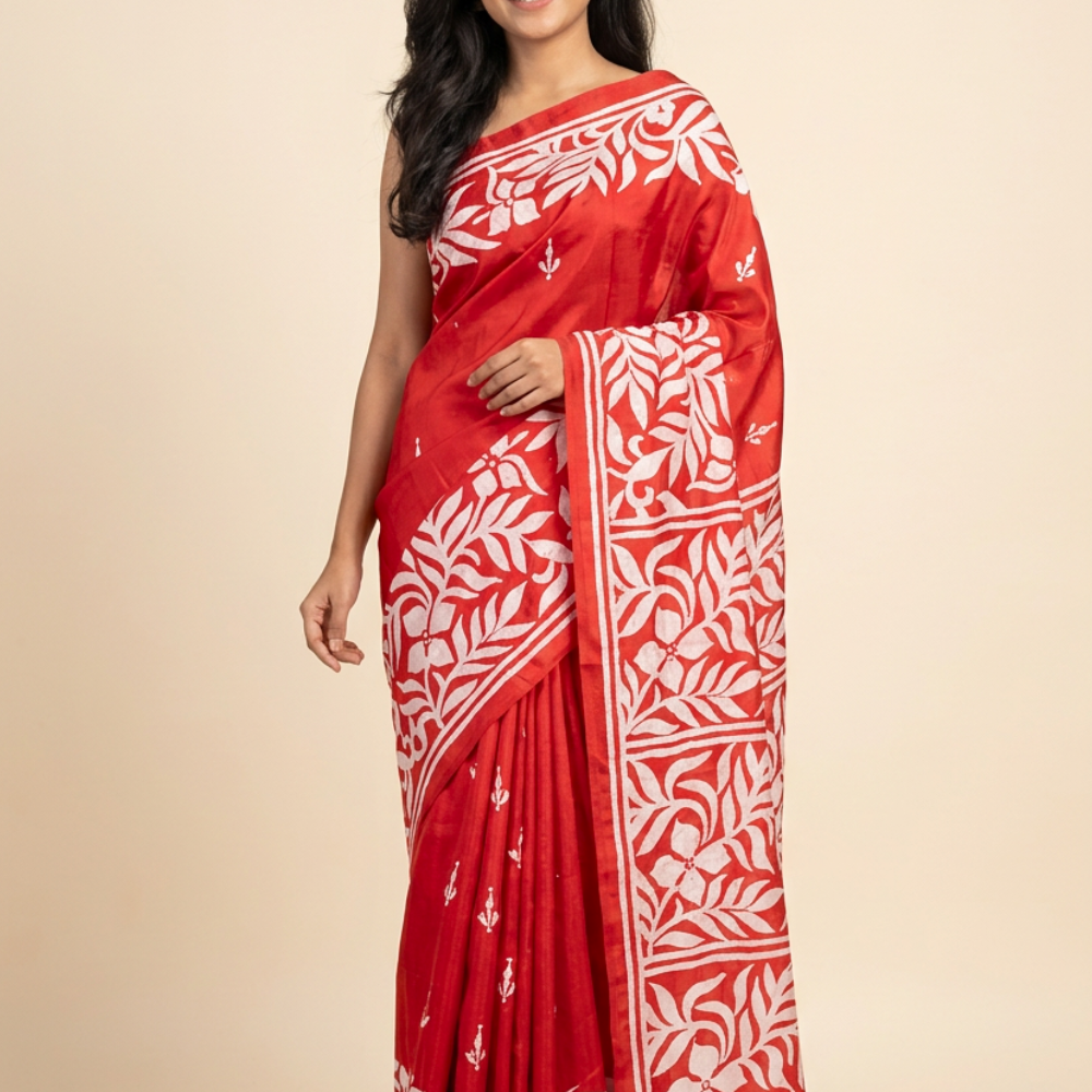 Semi Bangalore silk saree with all-over hand Kantha work and rich embroidered pallu.
