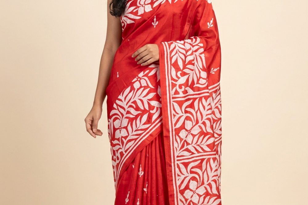 Semi Bangalore silk saree with all-over hand Kantha work and rich embroidered pallu.
