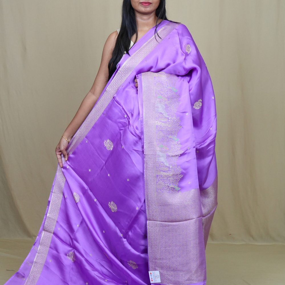 Banarasi Mashru saree with all-over tiny zari woven motifs and rich zari borders and pallu
