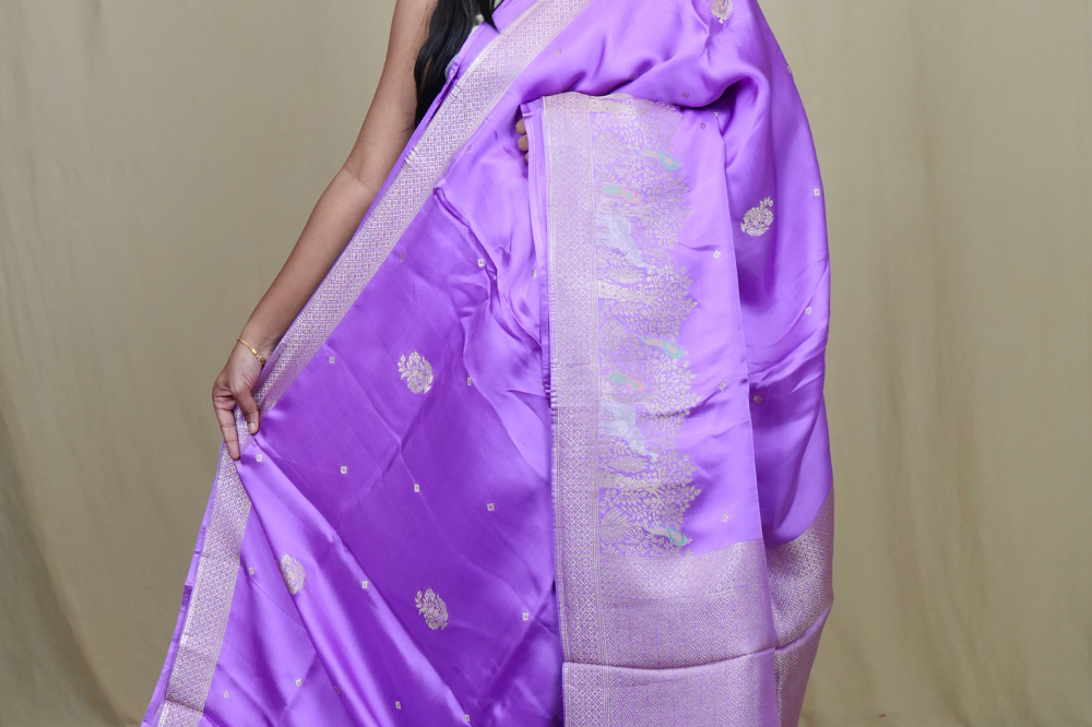 Banarasi Mashru saree with all-over tiny zari woven motifs and rich zari borders and pallu
