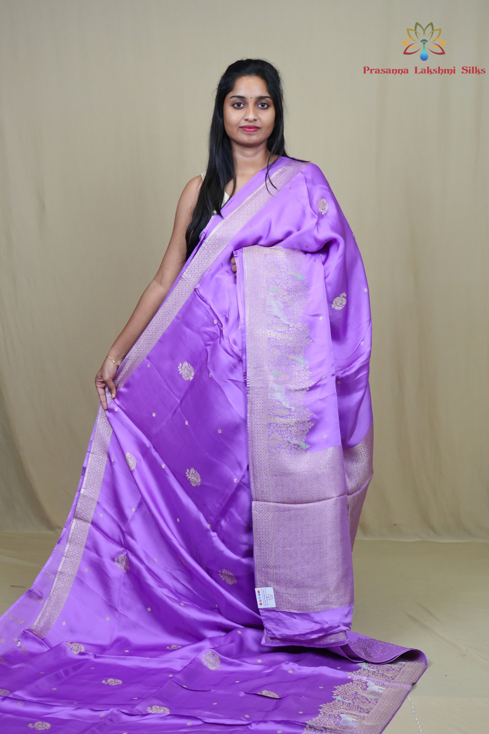 Banarasi Mashru saree with all-over tiny zari woven motifs and rich zari borders and pallu
