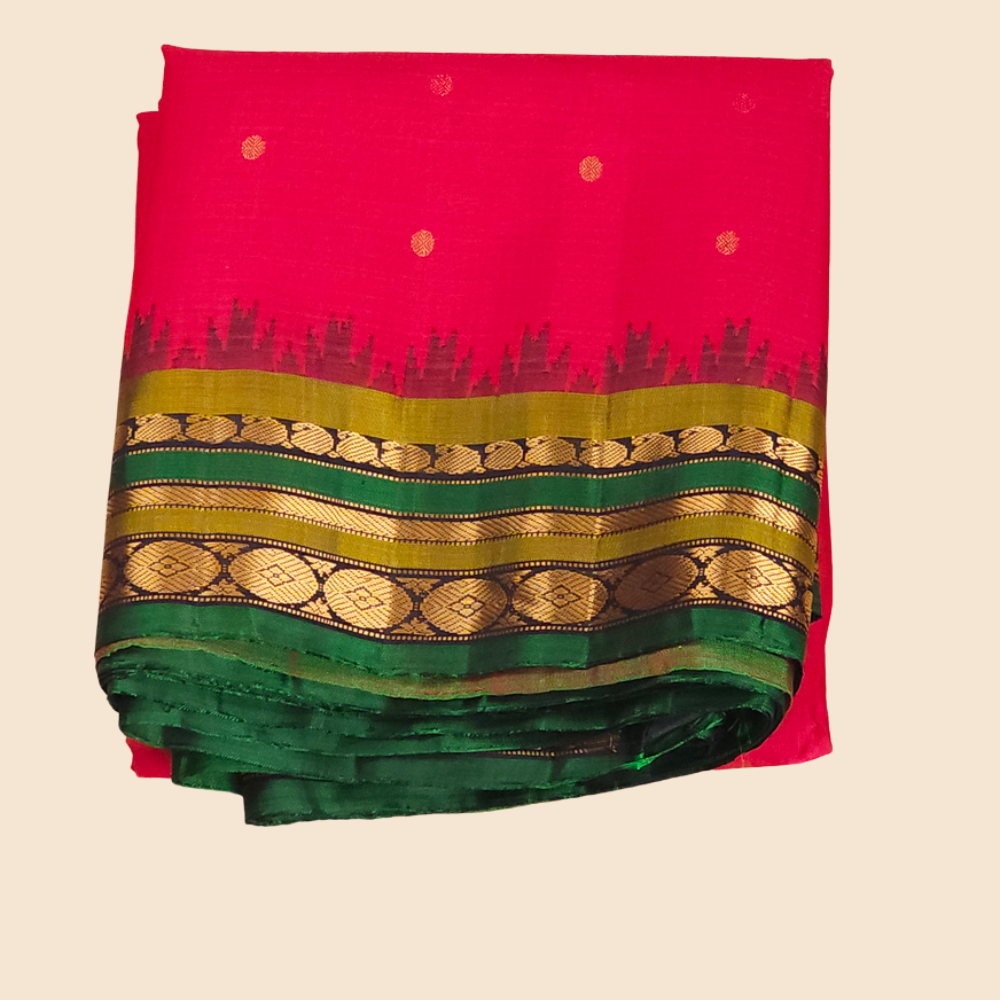 Traditional Gadwal SiCo saree featuring exquisite zari woven borders and blouse piece.
