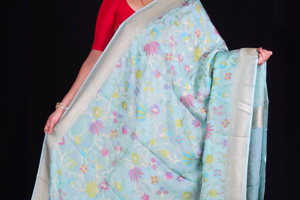 “Elegant floral organza saree with zari border”
