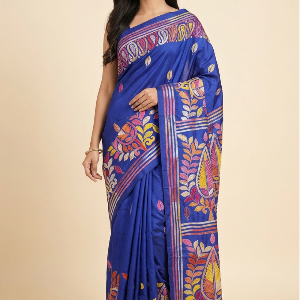 Semi Bangalore silk saree with all-over hand Kantha work and rich embroidered pallu.
