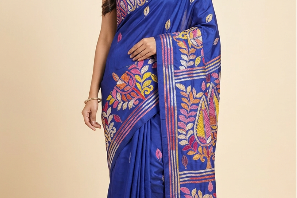 Semi Bangalore silk saree with all-over hand Kantha work and rich embroidered pallu.
