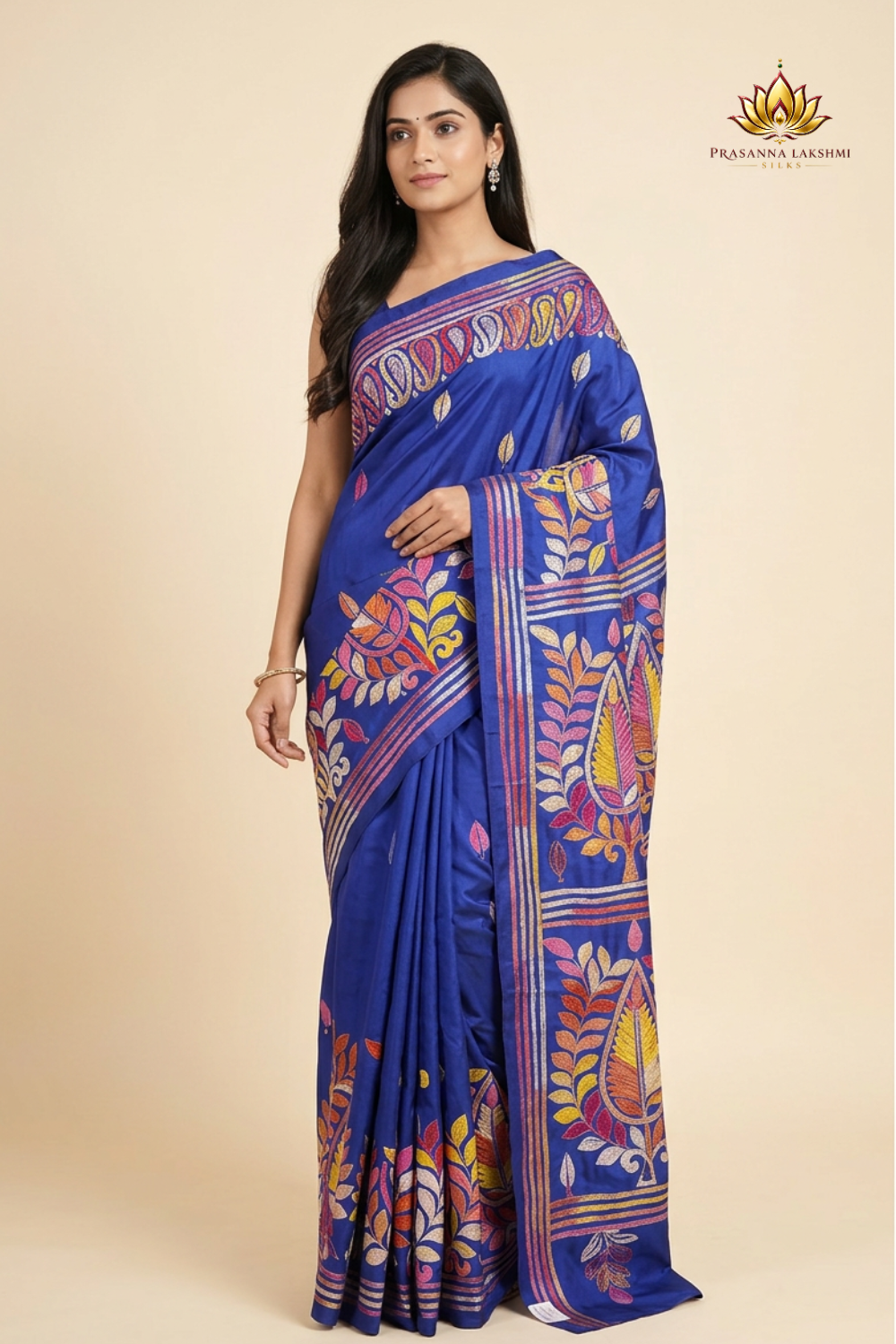 Semi Bangalore silk saree with all-over hand Kantha work and rich embroidered pallu.
