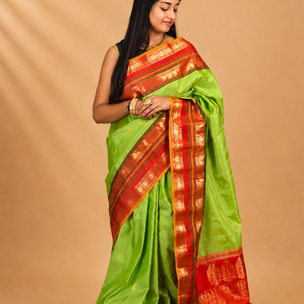 Rich zari-woven brocade pallu detail on Gadwal silk saree
