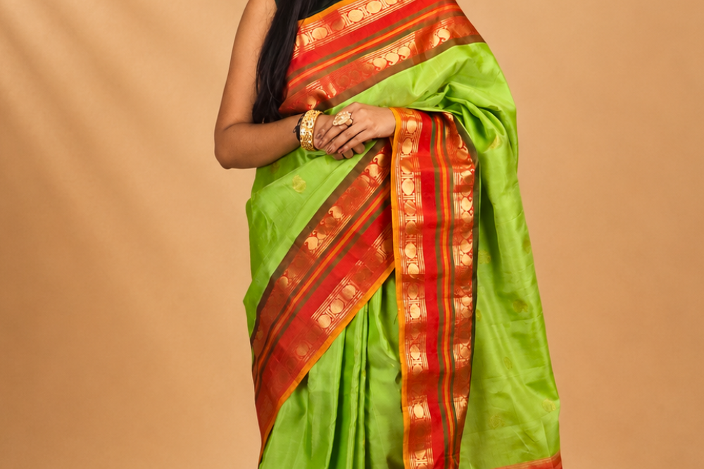 Rich zari-woven brocade pallu detail on Gadwal silk saree
