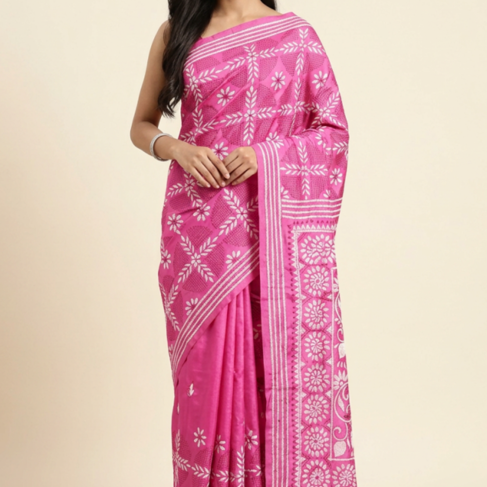 Semi Bangalore silk saree with all-over hand Kantha work and rich embroidered pallu.
