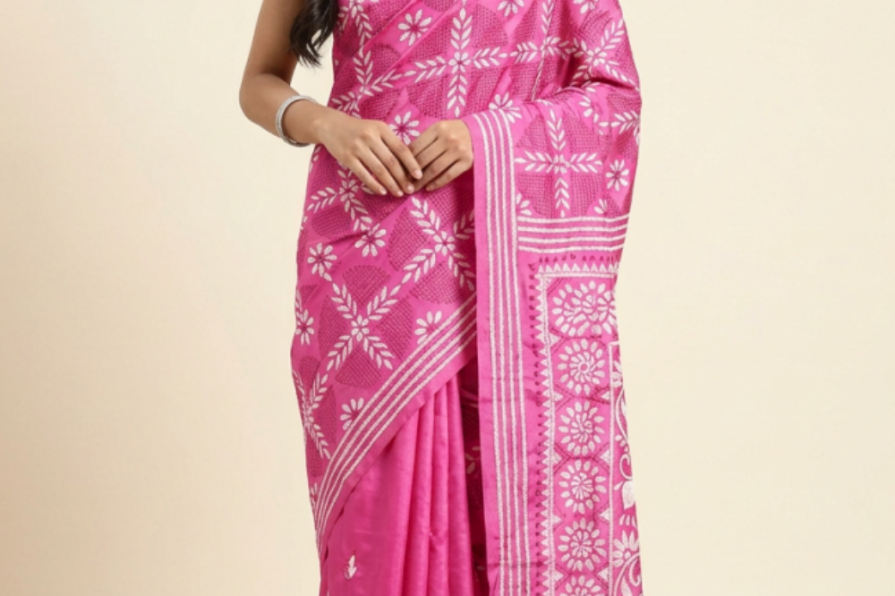 Semi Bangalore silk saree with all-over hand Kantha work and rich embroidered pallu.
