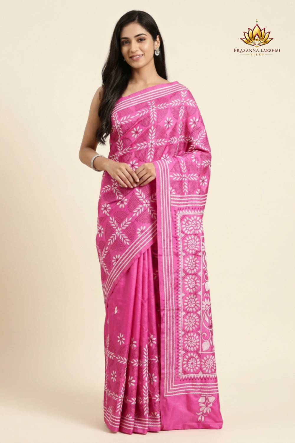 Semi Bangalore silk saree with all-over hand Kantha work and rich embroidered pallu.

