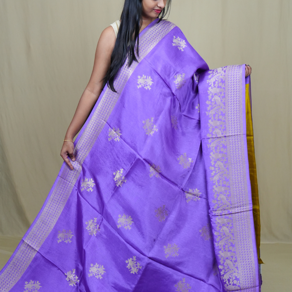Elegant Banarasi Munga silk saree suitable for all occasions with intricate zari detailing.