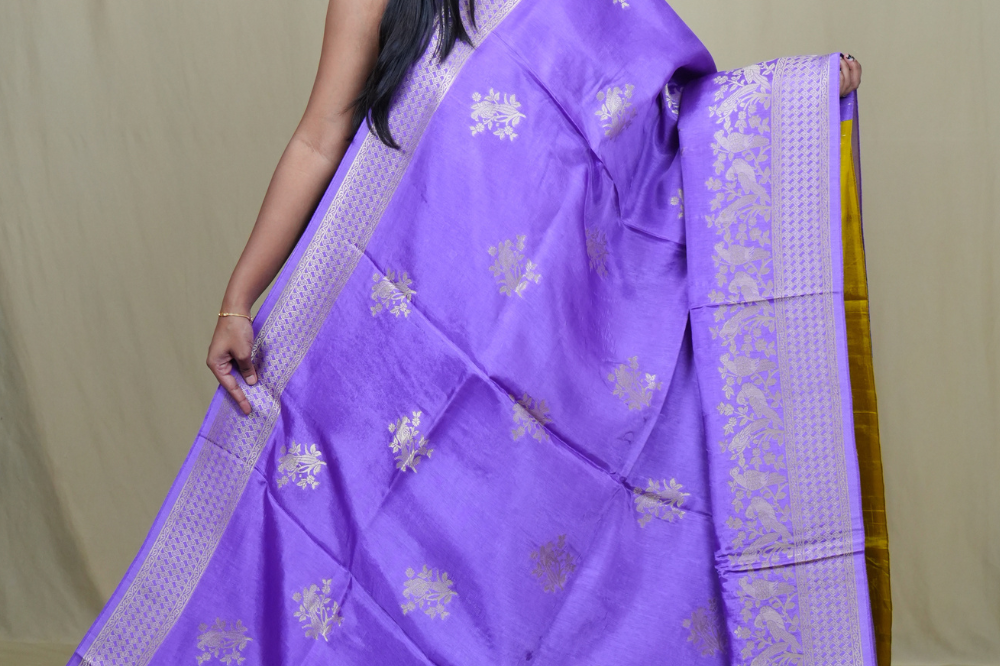 Elegant Banarasi Munga silk saree suitable for all occasions with intricate zari detailing.