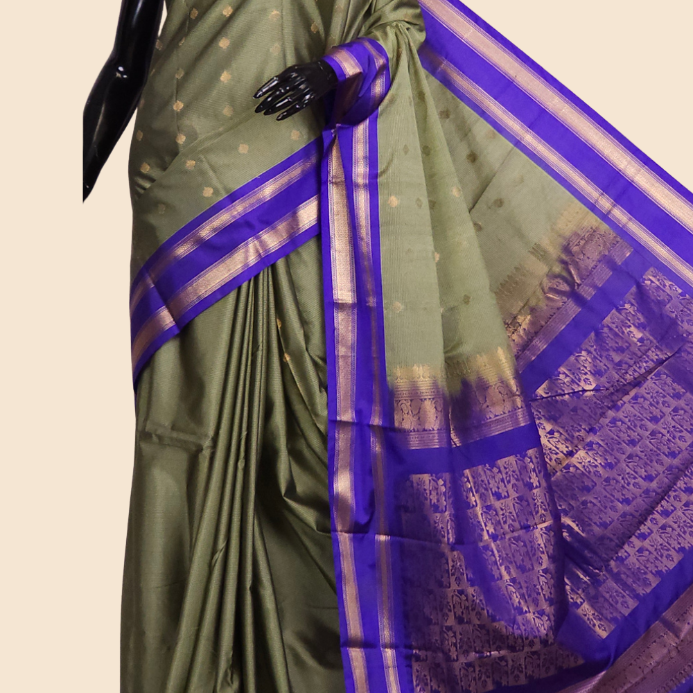 Semi Gadwal saree with horizontal zari motif stripes and zari woven gap borders
