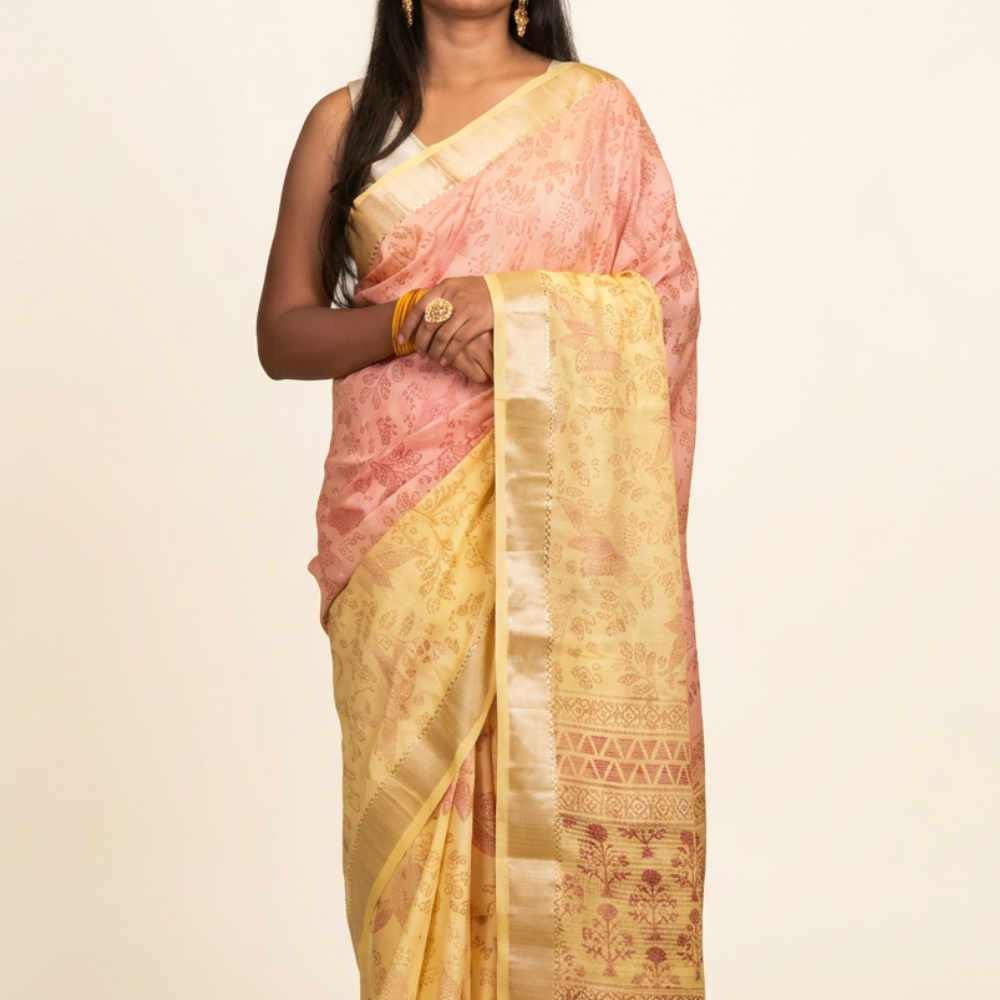 Dual colour linen saree with floral digital prints, zari woven borders and rich floral printed pallu.
