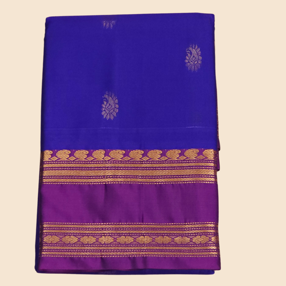 Handloom semi Gadwal saree featuring rich brocade pallu and contrast blouse
