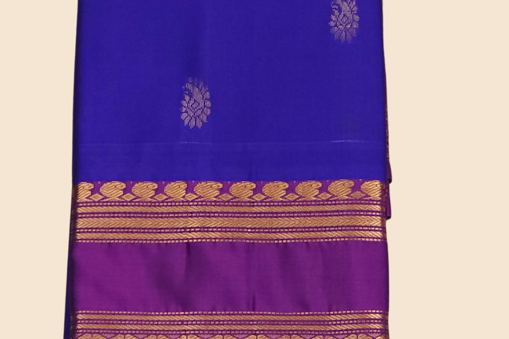 Handloom semi Gadwal saree featuring rich brocade pallu and contrast blouse

