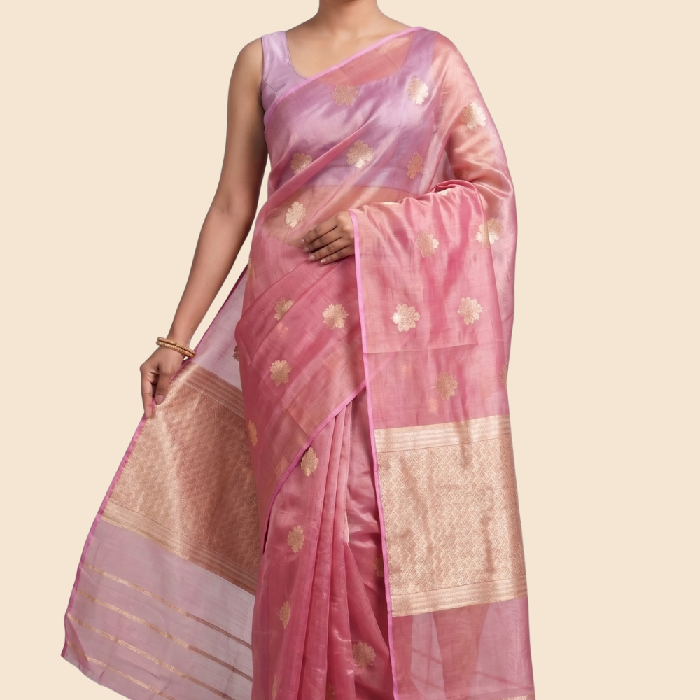 Kora tissue saree with allover gold flower motifs and silver highlights
