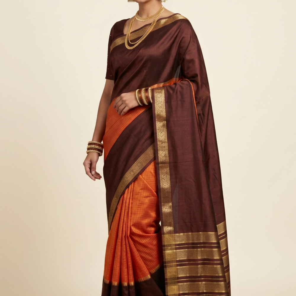 Rust Orange and Chocolate Brown Banarasi Munga saree with allover zari woven checks, contrast broad zari border, and zari striped pallu.
