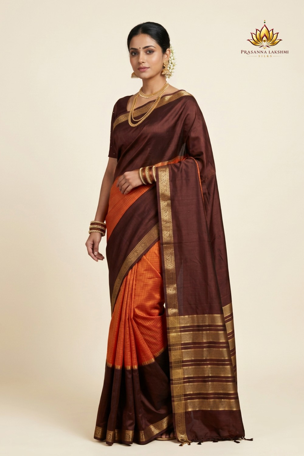 Rust Orange and Chocolate Brown Banarasi Munga saree with allover zari woven checks, contrast broad zari border, and zari striped pallu.
