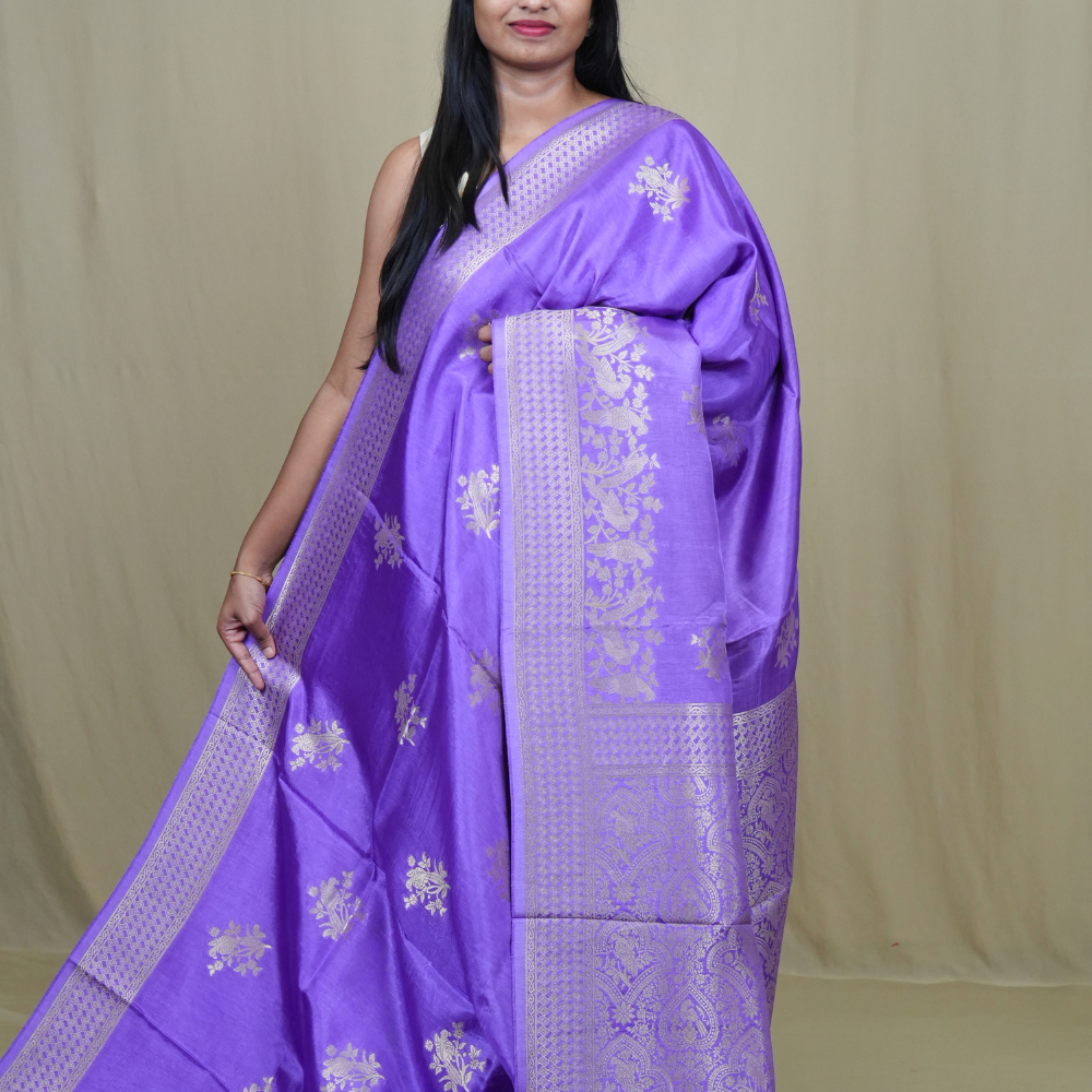 Banarasi Munga silk saree with all-over zari woven floral motifs and rich brocade pallu.
