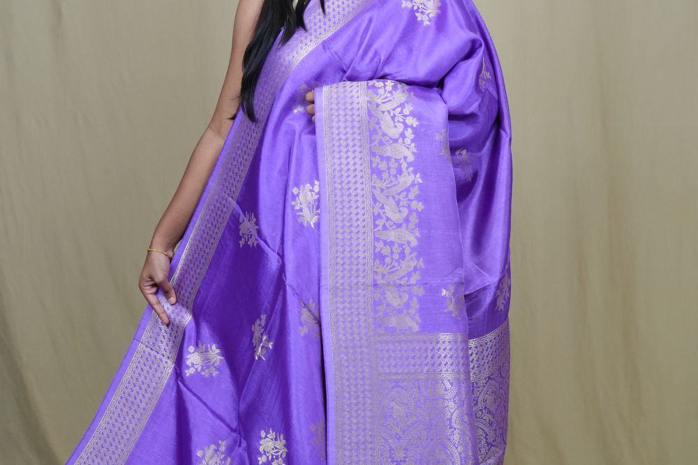 Banarasi Munga silk saree with all-over zari woven floral motifs and rich brocade pallu.
