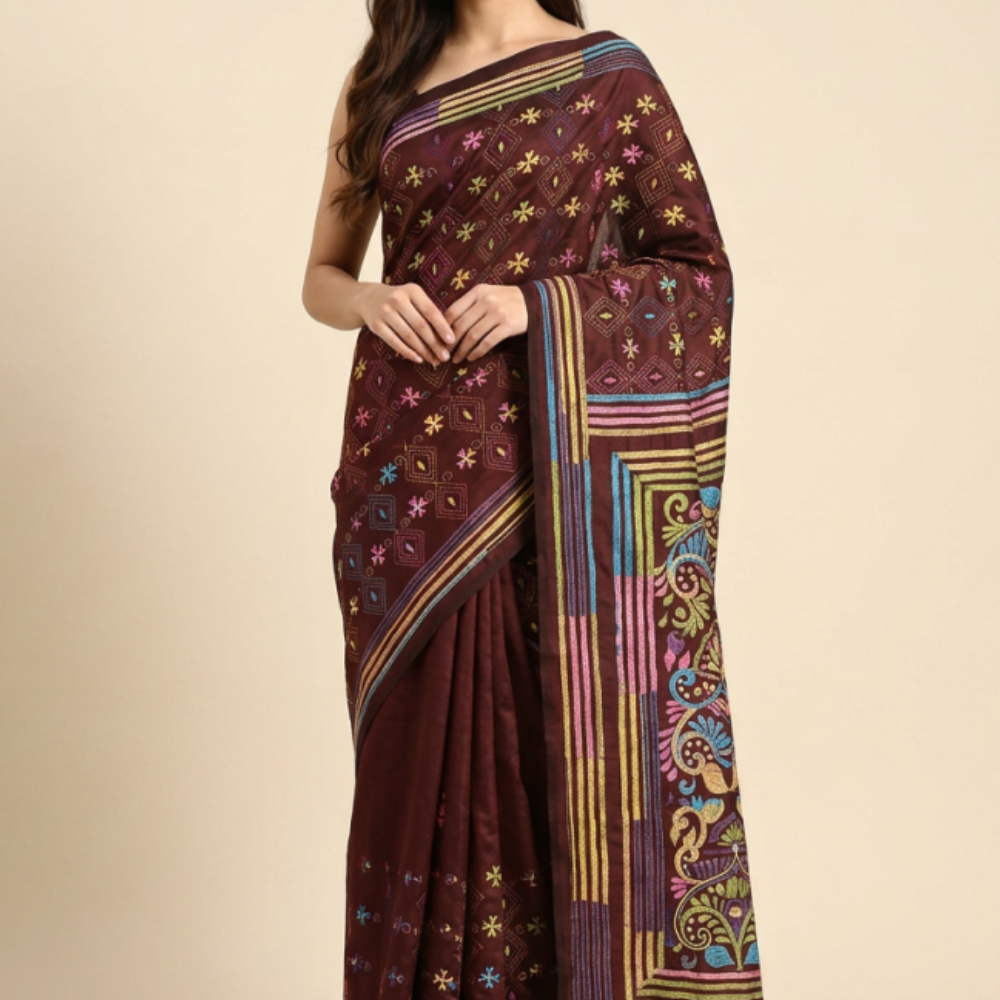 Semi Bangalore silk saree with all-over hand Kantha work and rich embroidered pallu.