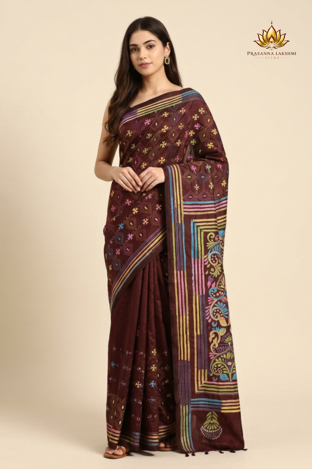 Semi Bangalore silk saree with all-over hand Kantha work and rich embroidered pallu.