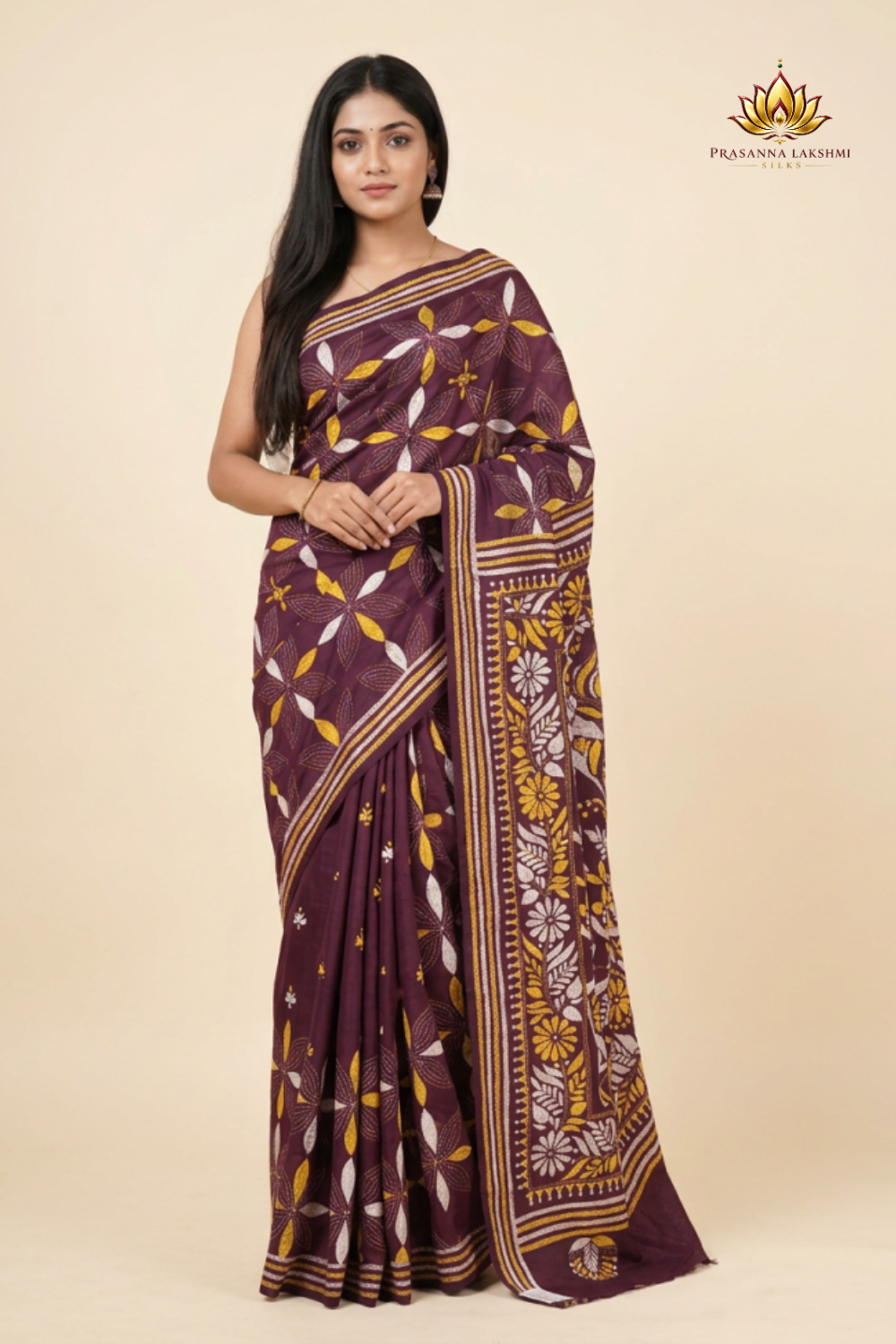 Semi Bangalore silk saree with all-over hand Kantha work and rich embroidered pallu.
