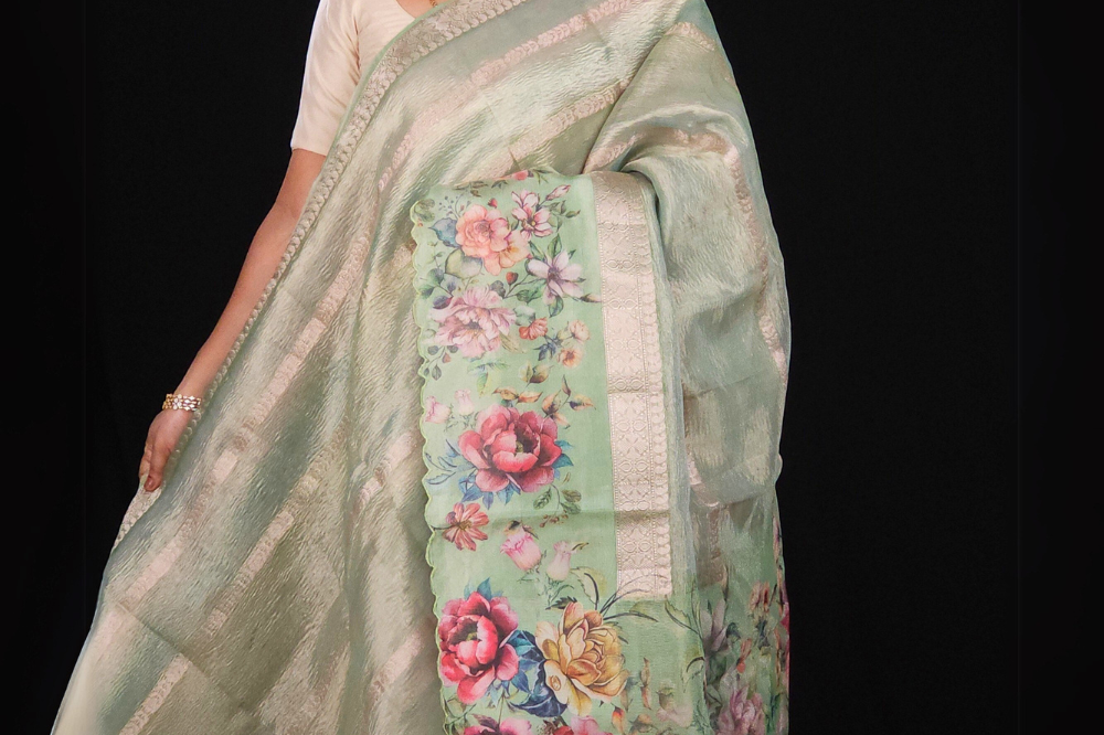 mint green Crush tissue saree with allover zari lines and digital printed pallu