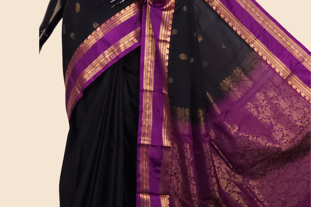 Semi Gadwal saree with horizontal zari motif stripes and zari woven gap borders
