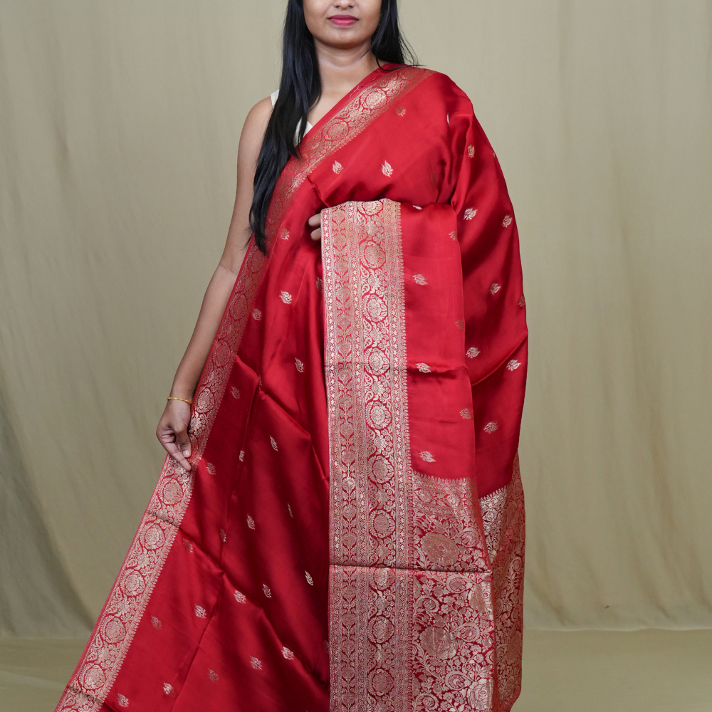 Banarasi Mashru saree with all-over tiny zari woven motifs and rich zari borders and pallu
